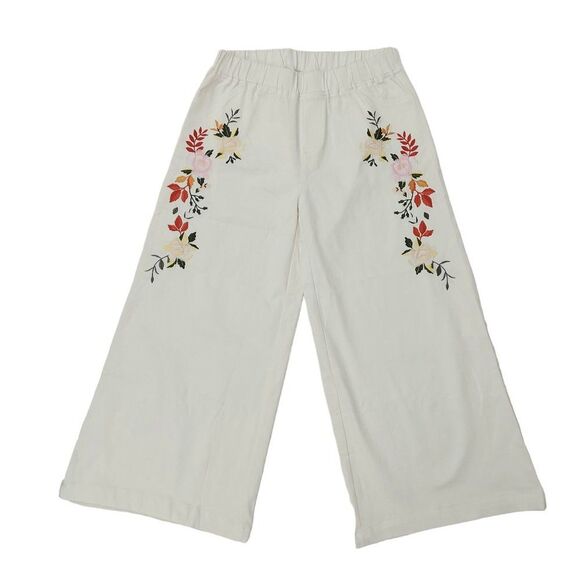 Umgee Wide Leg Crop Pants Womens Large White Floral Embroidered High Rise Cotton - Picture 1 of 10